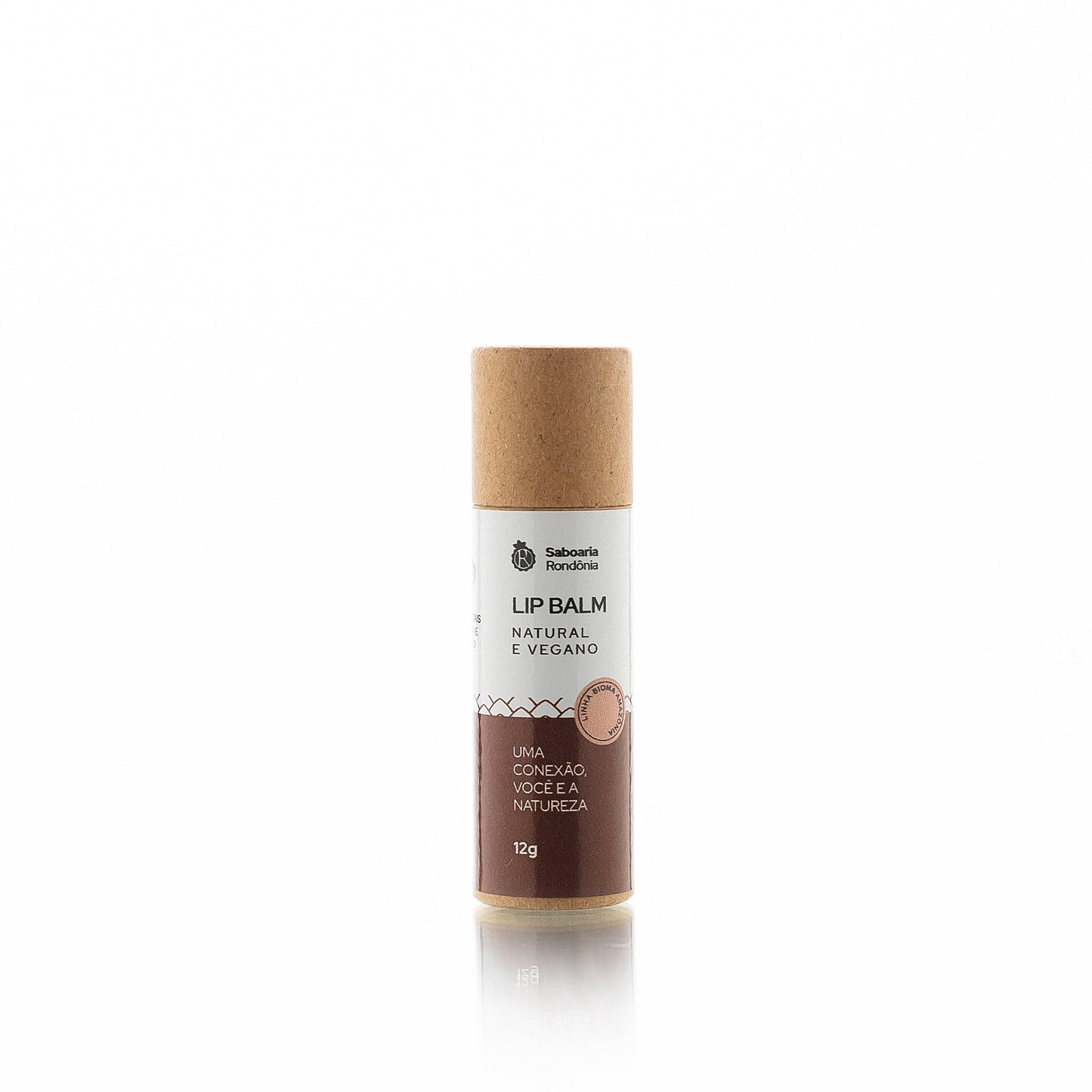 Lip balm com bioativos amazônicos de óleo de buriti, babaçu e óleo de algodão.