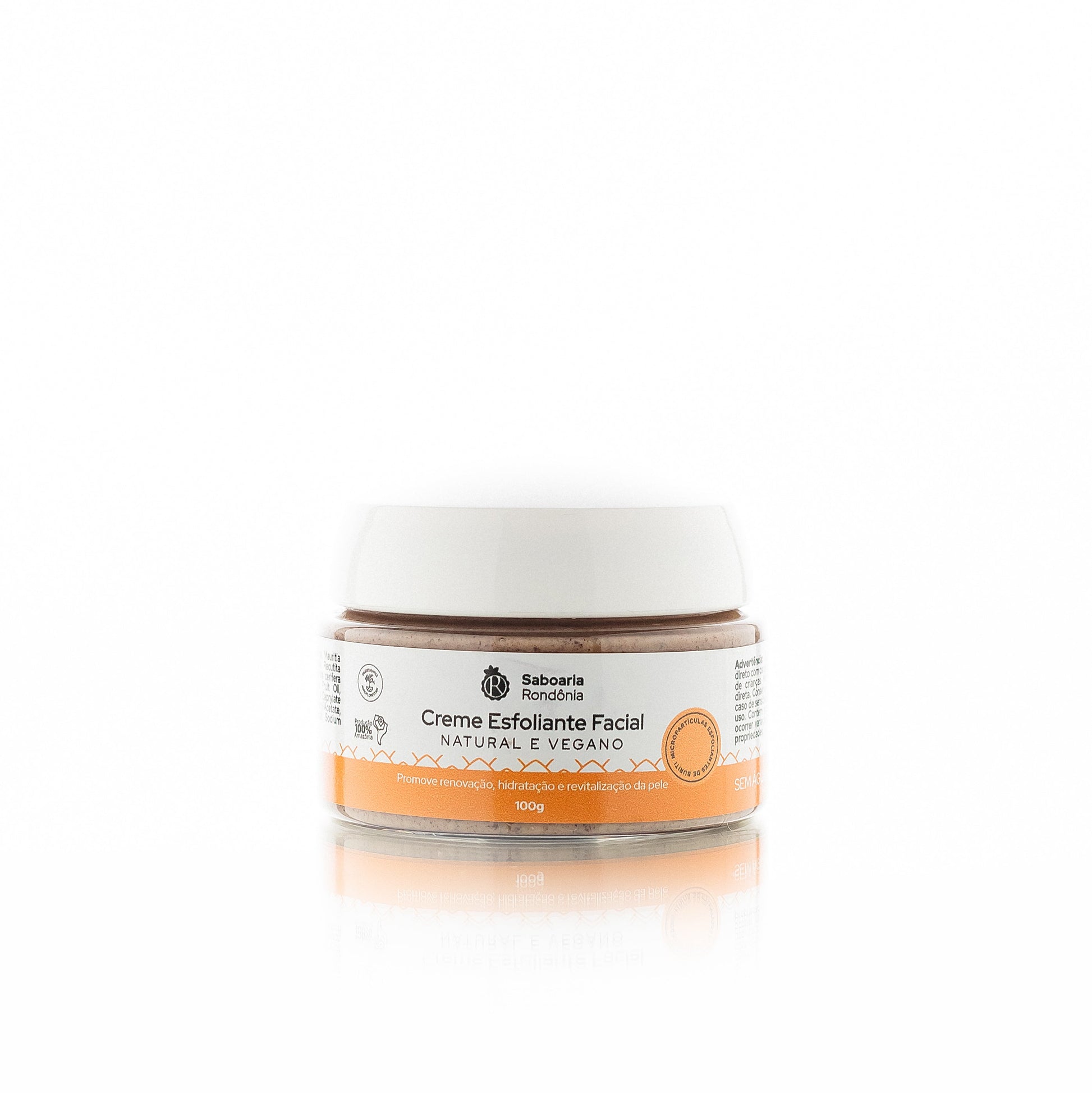 Esfoliante facial com micropartículas naturais da polpa de buriti e bioativos amazônicos de óleo de buriti, manteiga de murumuru e karité.
