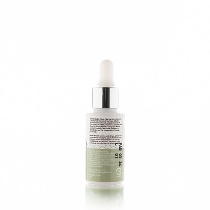 Sérum facial com niacinamida, óleos vegetais de babaçu e jojoba.